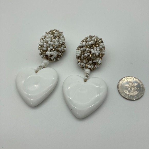 Vintage White Heart Dangle Earrings Pierced Beaded Top Lightweight 90s Boho - Picture 9 of 9